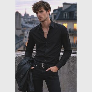 SAINT LAURENT Paris Black Uniform Button Up Shirt Top   Mens Size Small